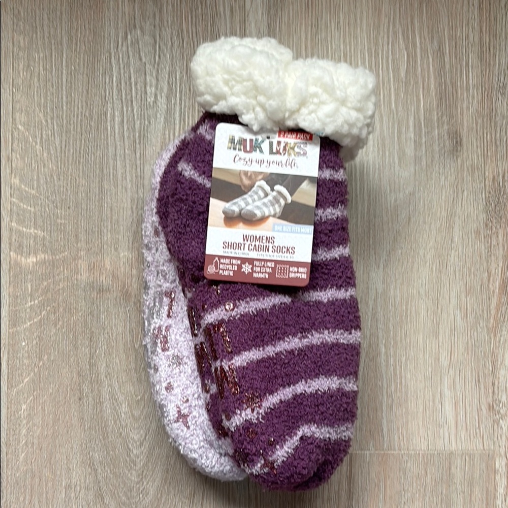 Muk Luks Women's Short Cabin Socks - Purple and White - 2 pairs